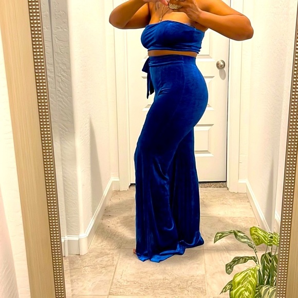 2 piece velvet pants set crop top and pants - BLUE - Picture 3 of 16